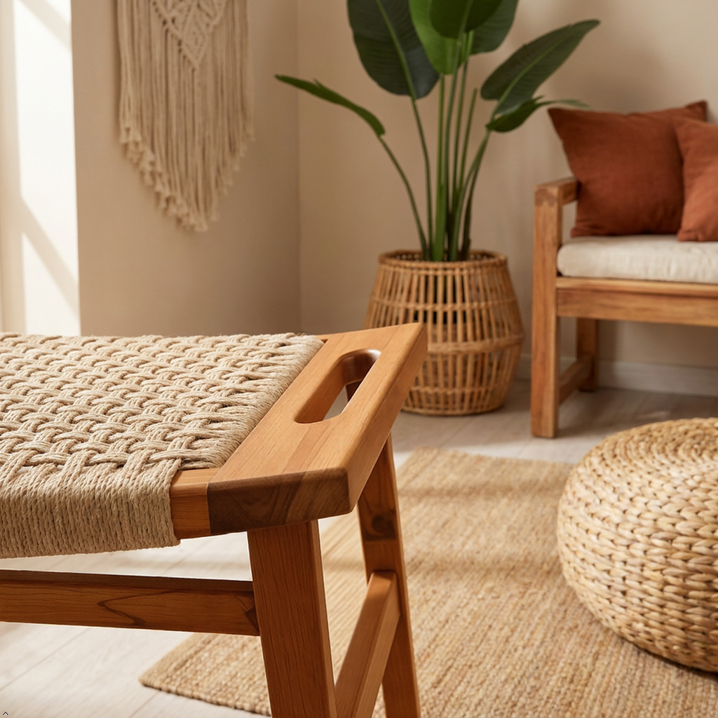 A close-up of a wooden stool or bench with a woven natural-fiber seat, shown in a styled room with a potted plant, woven rug, pouf, and a wooden chair in the background.