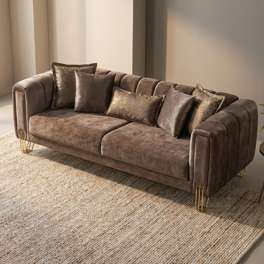 A modern three-seat sofa upholstered in textured brown fabric with matching throw pillows and gold-toned legs, styled on a woven area rug in a minimalist room setting.
