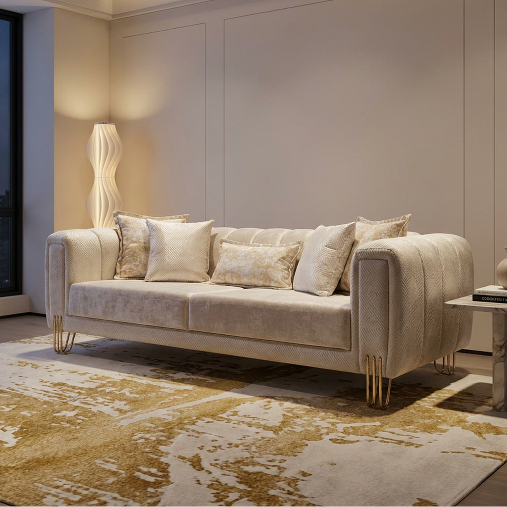 A modern beige velvet sofa with gold metal legs, styled in a luxury living room with a matching patterned rug, marble side table, and warm ambient lighting.
