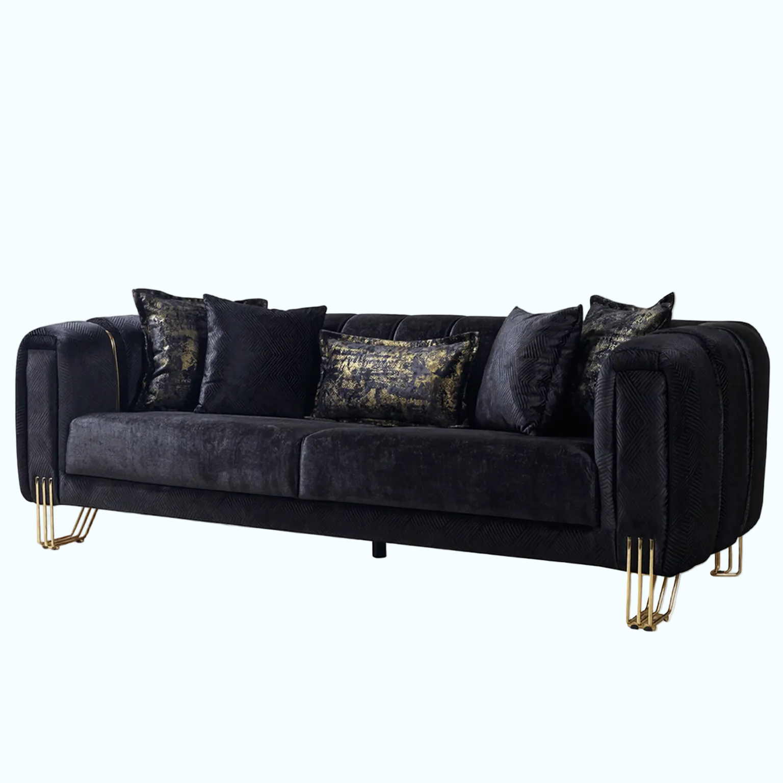 A modern black velvet loveseat sofa with gold metal hairpin legs and decorative throw pillows, shown against a plain light background.