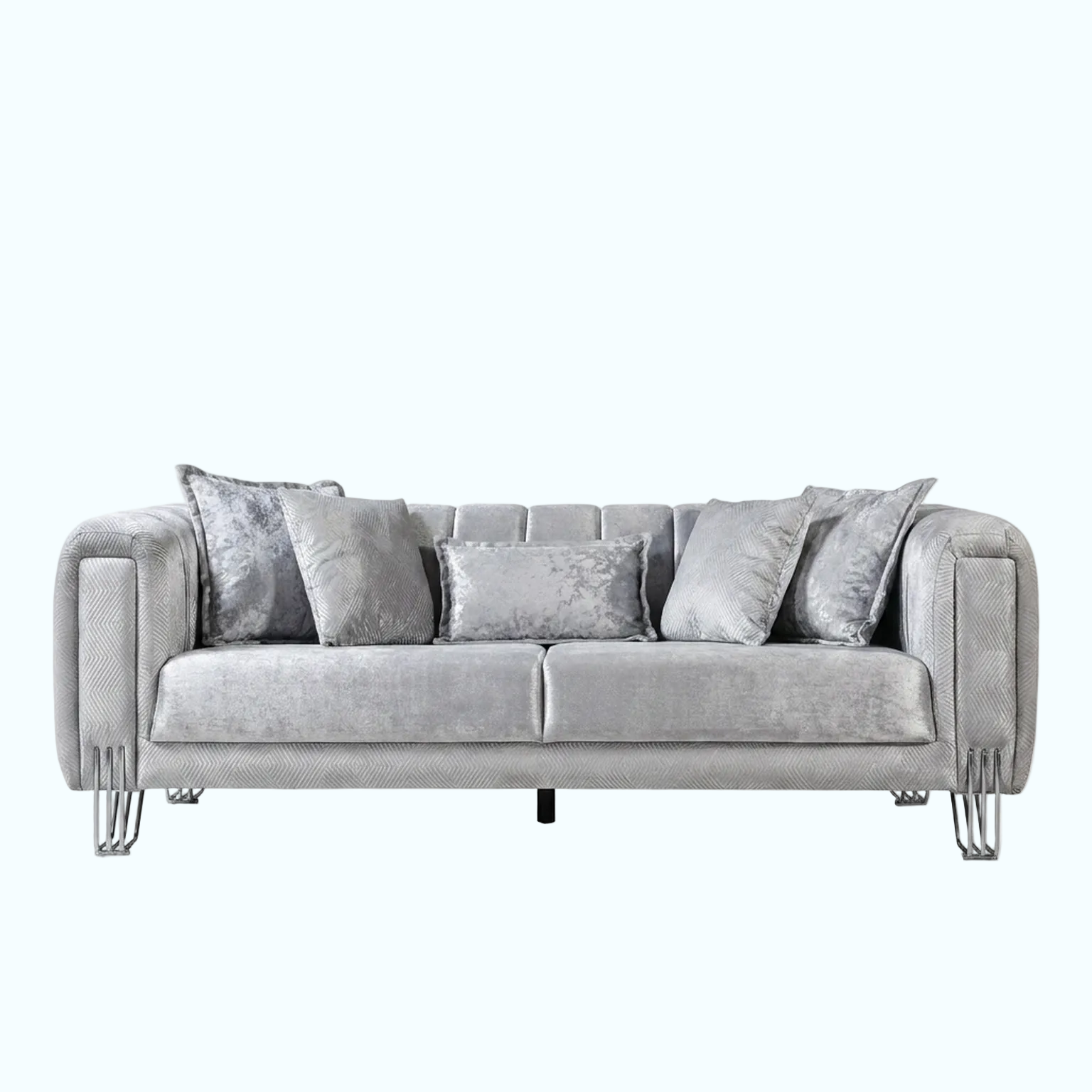 A modern light gray velvet loveseat sofa with matching throw pillows and chrome wire legs, shown against a plain white background.