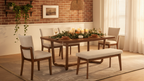 Dining room with wooden table, chairs, and a bench in a well-lit room.