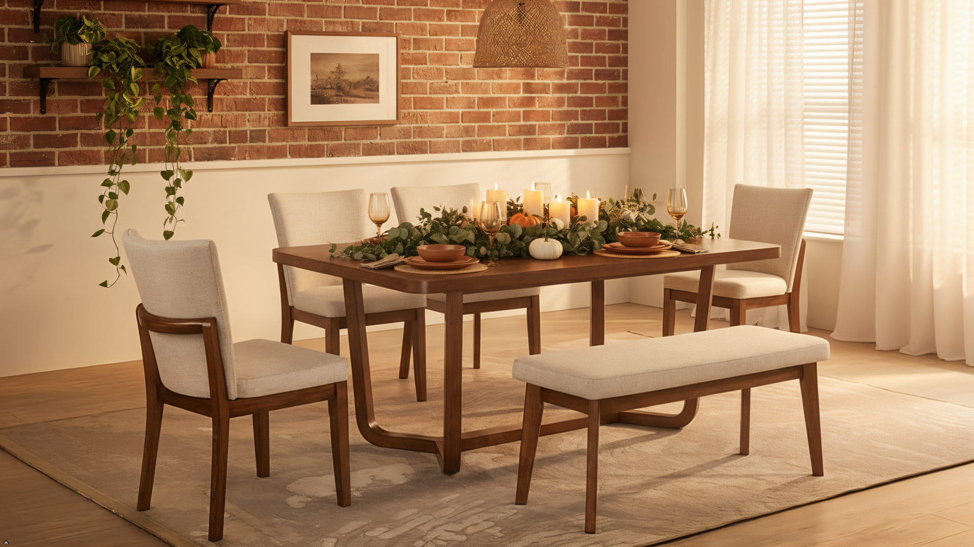 Dining room with wooden table, chairs, and a bench in a well-lit room.