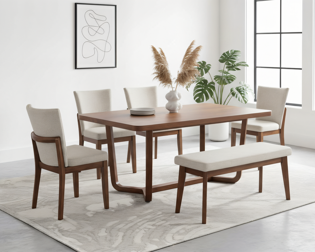 Dining room set with wooden table, chairs, and bench in a bright room.