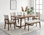 Dining room set with wooden table, chairs, and bench in a bright room.
