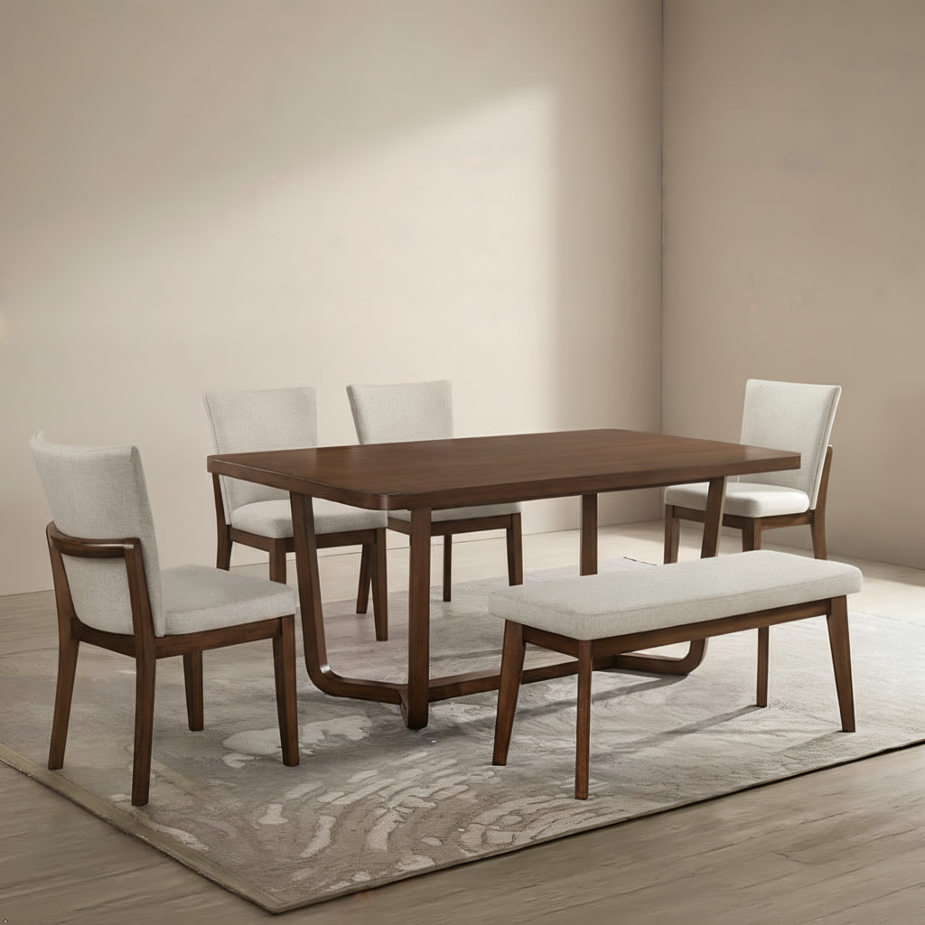 Dining set with wooden table and chairs on a neutral background