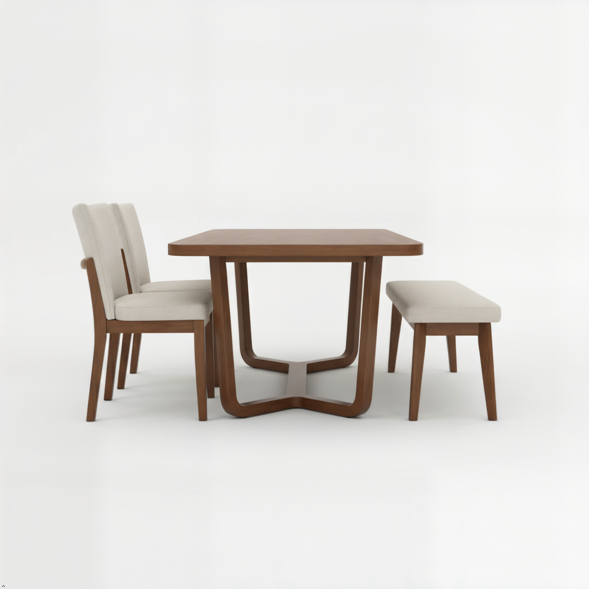 Wooden dining table with two chairs and a bench on a white background