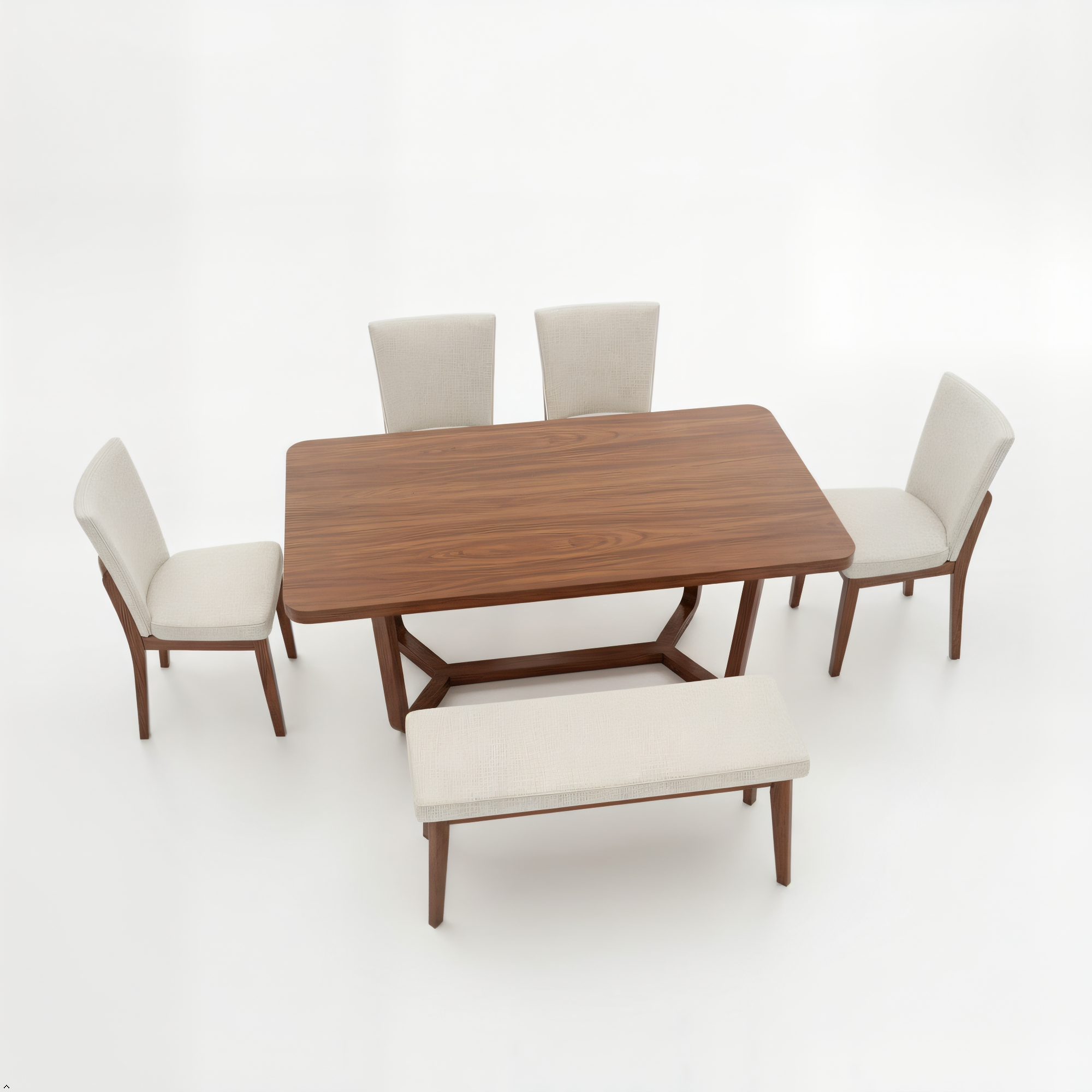Dining table set with four chairs and a bench on a white background
