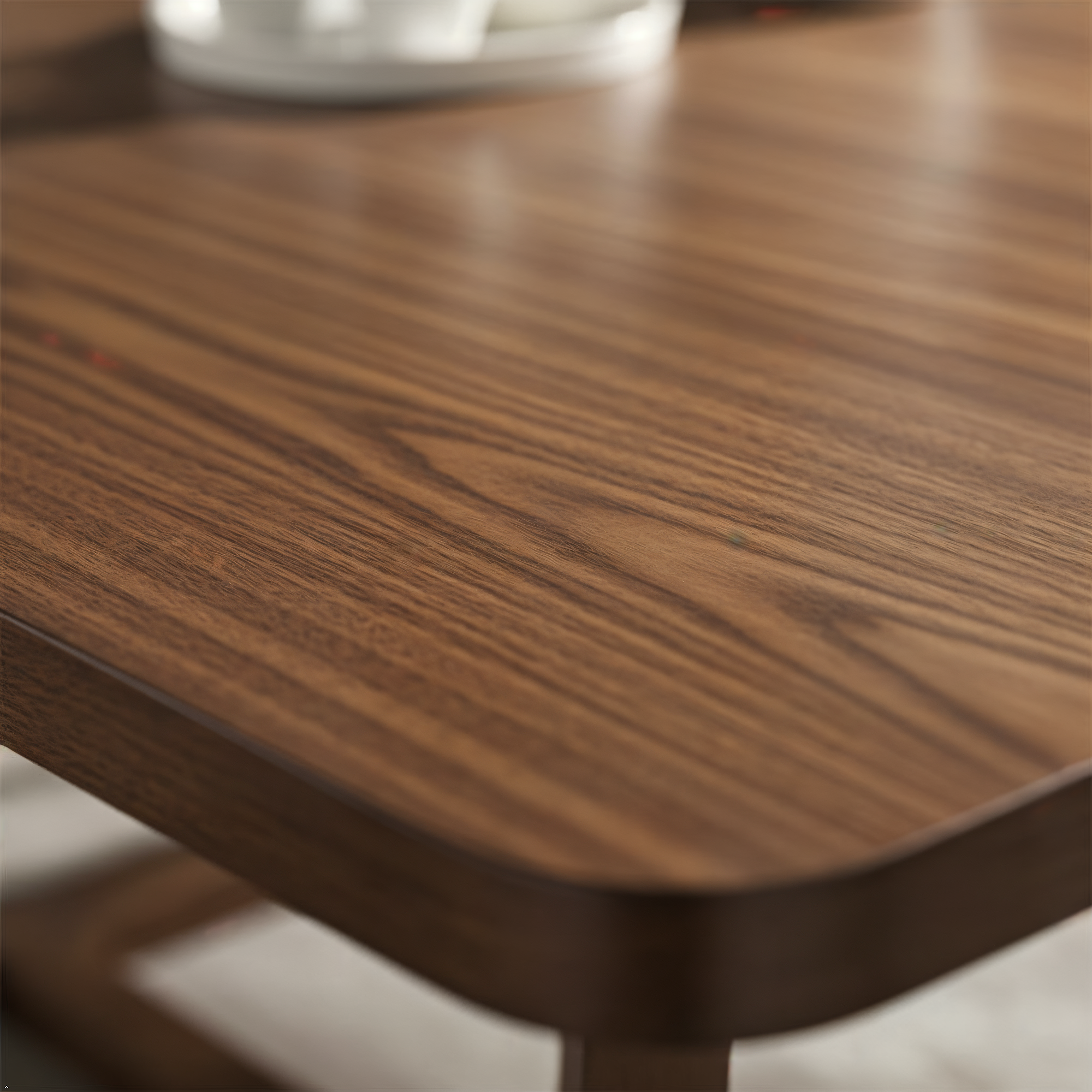 Close-up of a wooden table surface with a blurred background