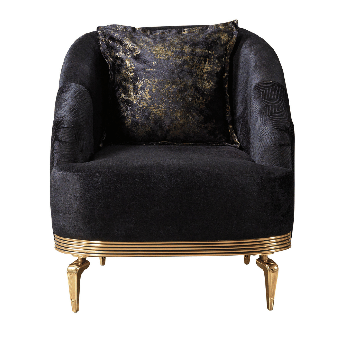 Elegant black armchair with gold accents on a white background