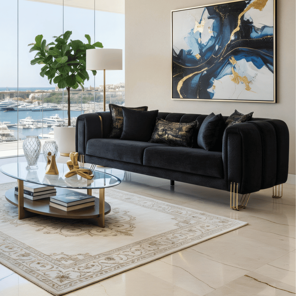 Modern living room with a black sofa, glass coffee table, and abstract art on the wall.
