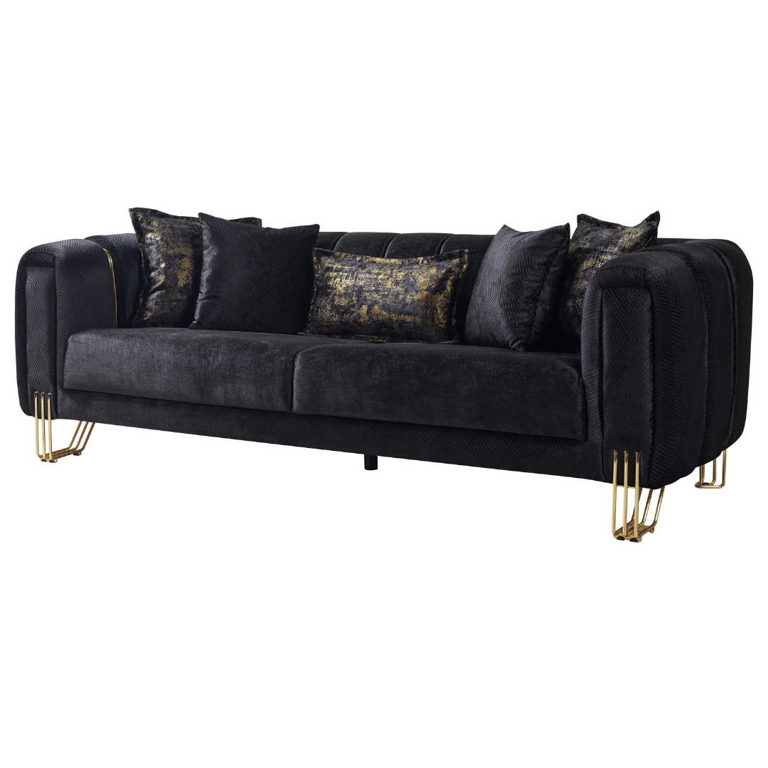 Black sofa with decorative pillows on a white background