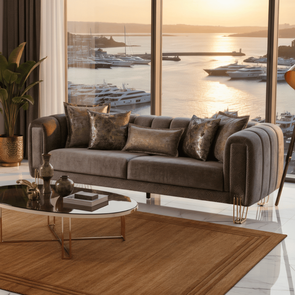 Modern living room with a brown sofa, coffee table, and decorative items.