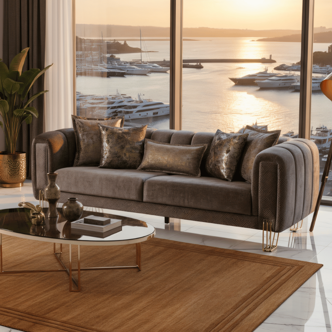 Modern living room with a brown sofa, coffee table, and decorative items.