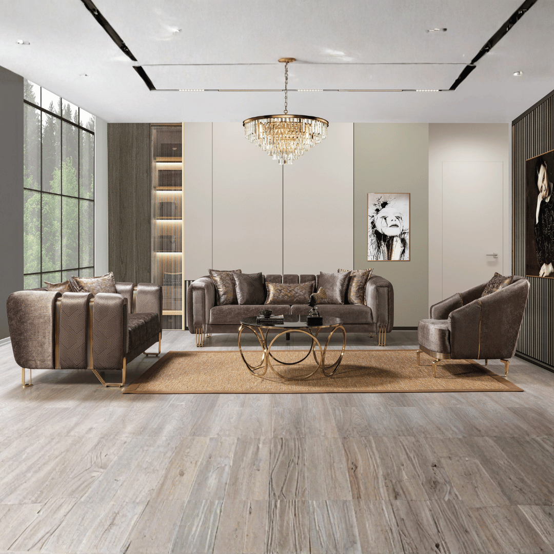 Modern living room with gray sofa set and decorative elements.