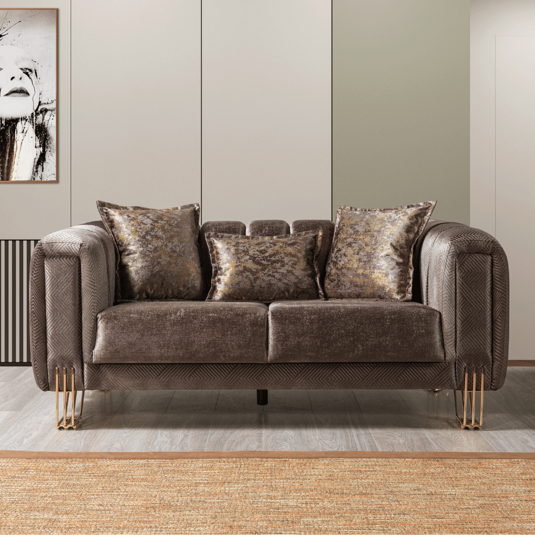 Brown sofa with decorative pillows in a modern living room setting