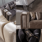 Collage of a sofa with color options labeled as smoke, silver, coffee, ivory, and black.
