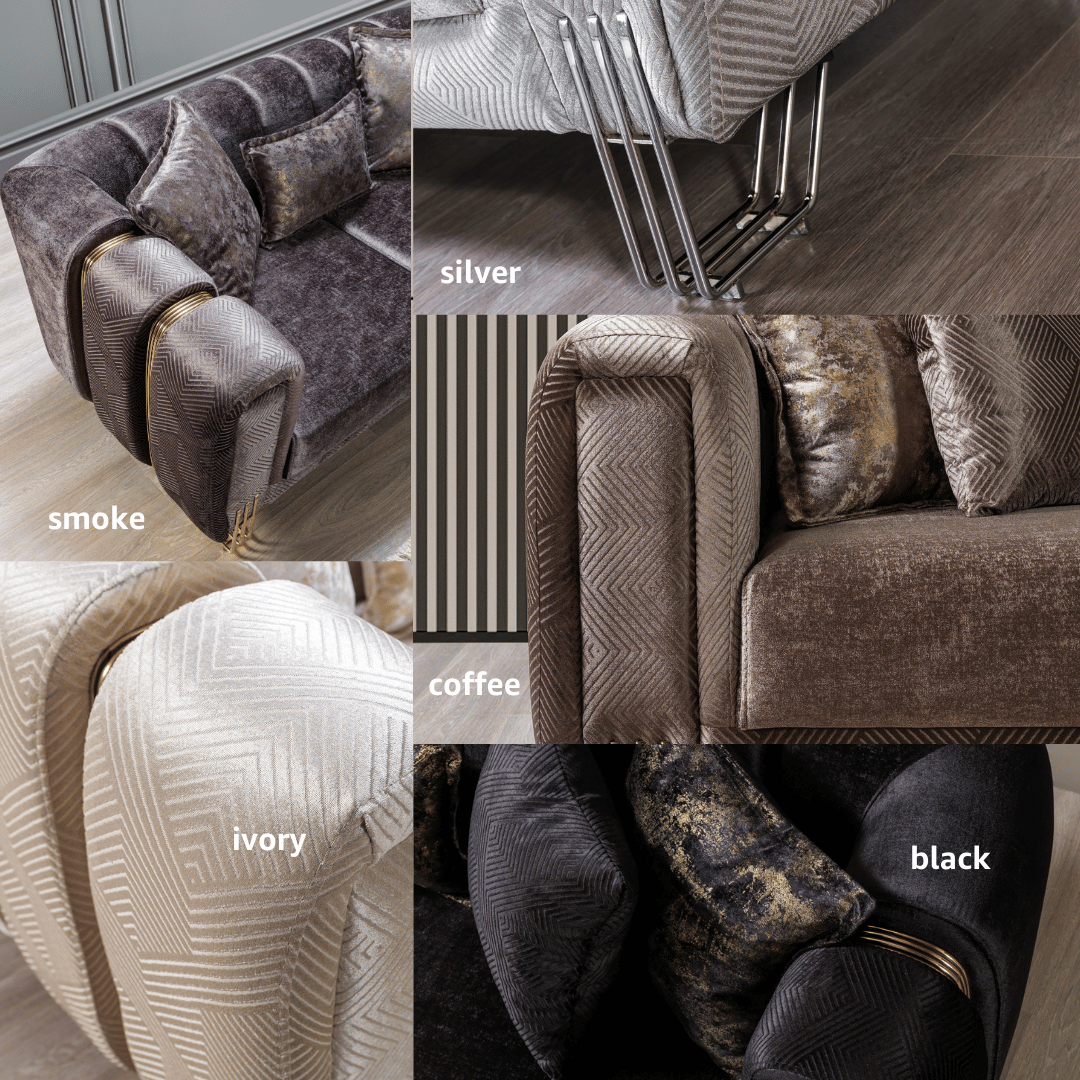 Collage of a sofa with color options labeled as smoke, silver, coffee, ivory, and black.