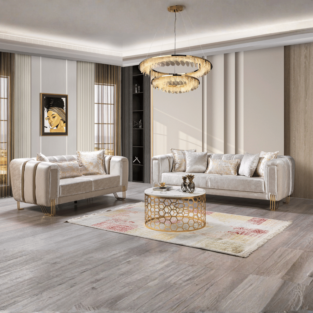 Modern living room with beige sofas, a coffee table, and decorative elements.