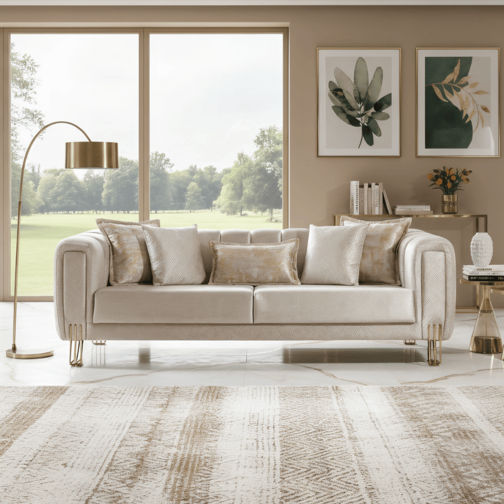 Beige sofa in a living room with large windows and decorative elements.