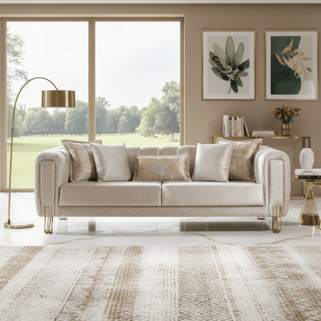 Beige sofa in a living room with large windows and decorative elements.