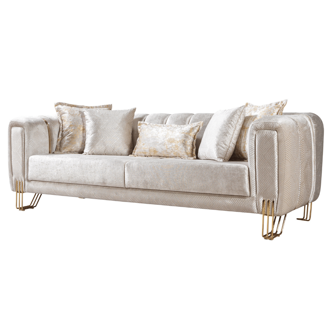 Beige sofa with decorative pillows on a white background
