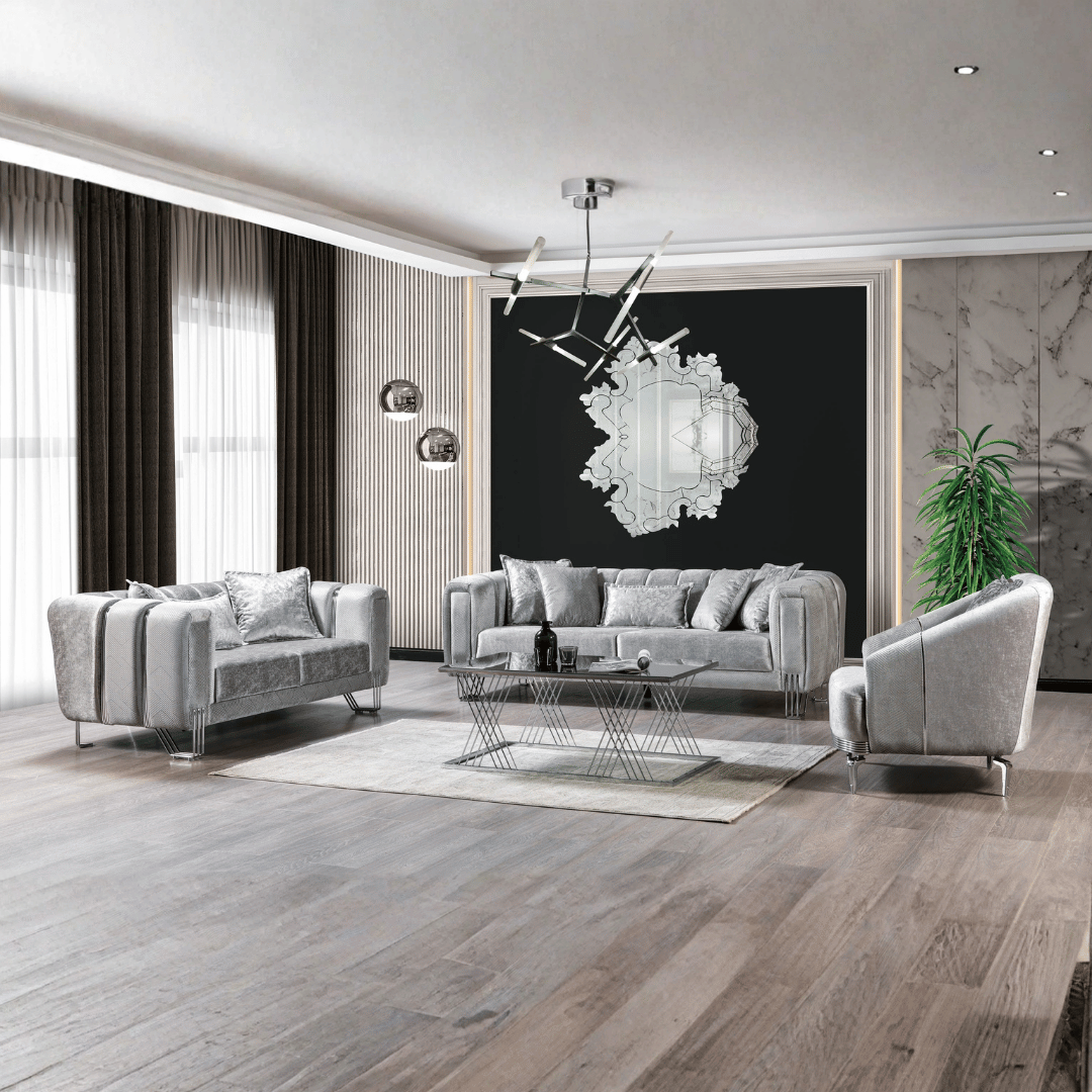 Modern living room with gray sofas, a coffee table, and decorative elements.