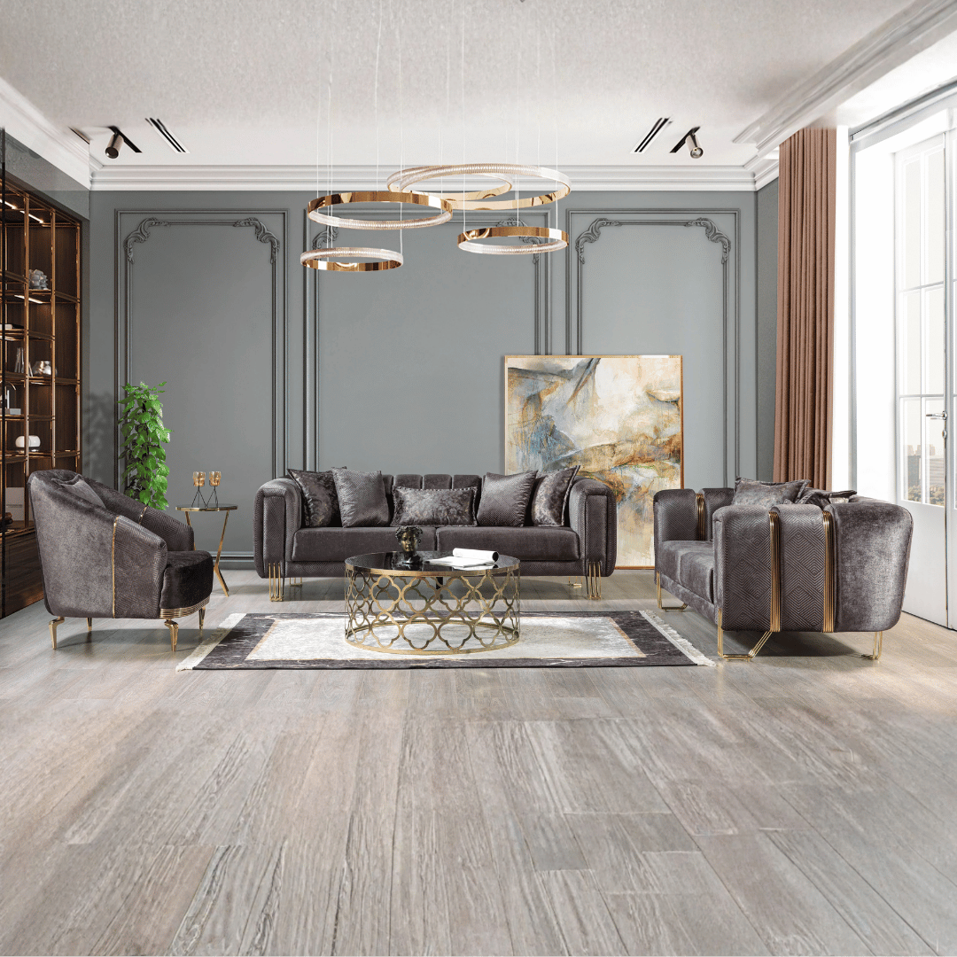 Modern living room with gray sofa, armchairs, and a coffee table.