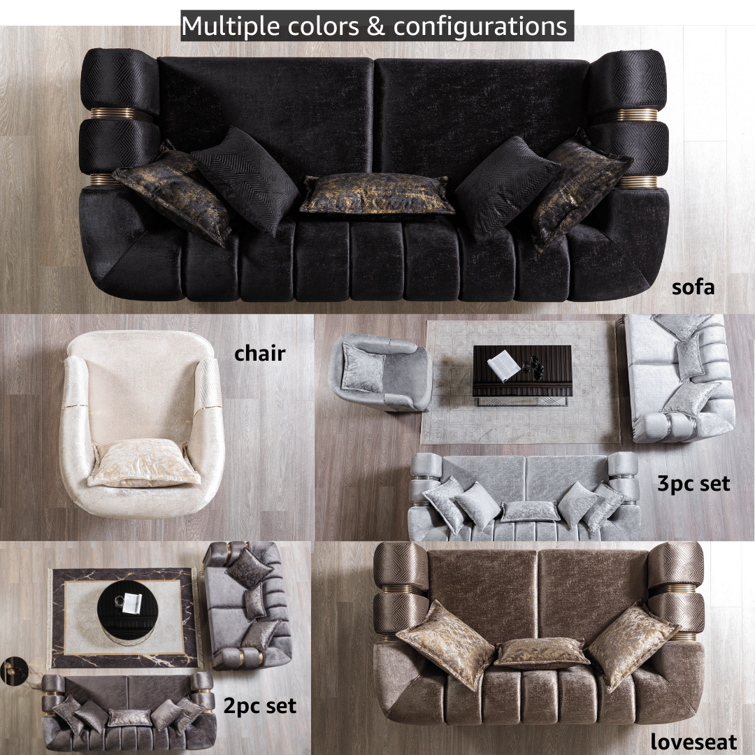 Collage of various sofa configurations with text indicating different types of furniture.