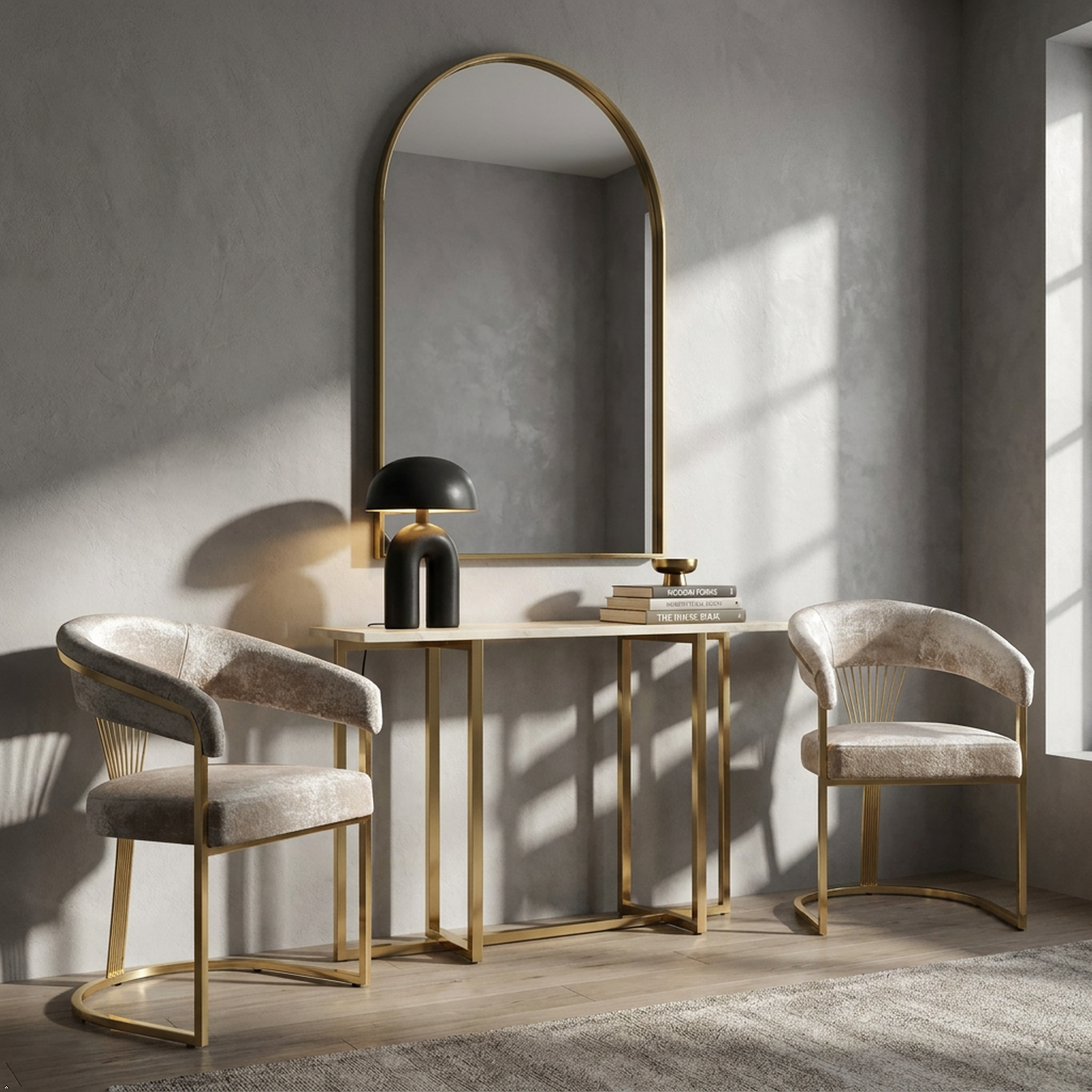 Set of 2 dining chairs by gold leg chic home grayish background with gold accents 