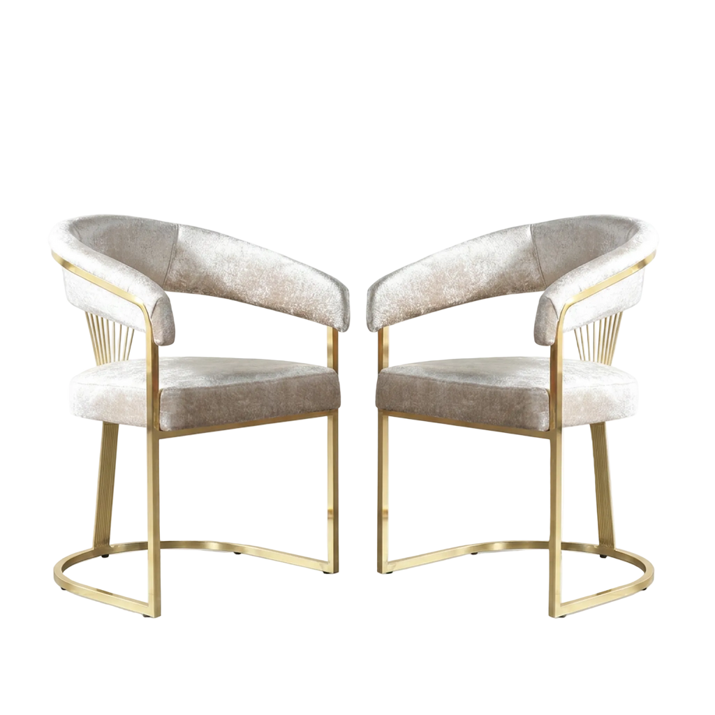 Set of 2 gold velvet dining chairs with white background