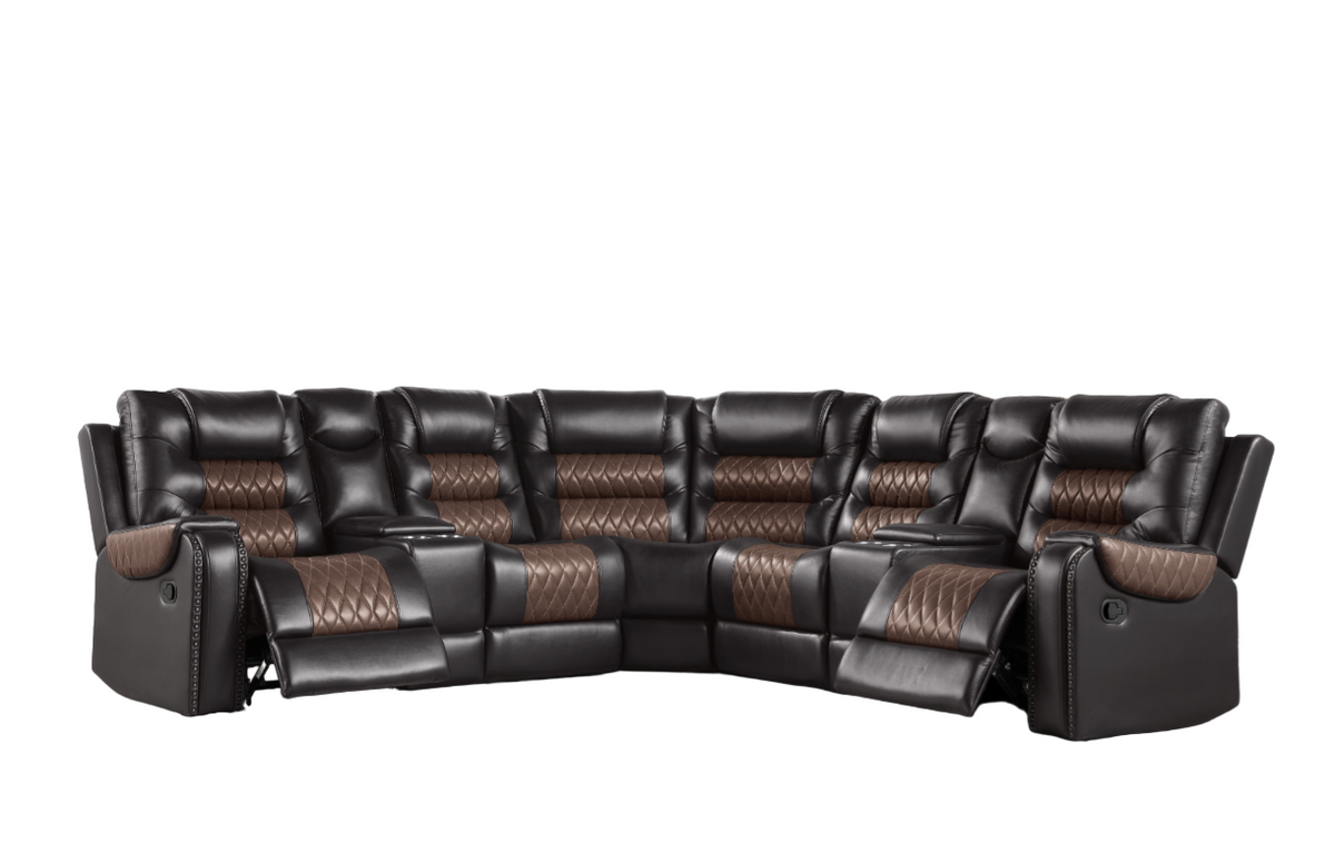 Brown leather sectional sofa in a living room setting with large windows and decor.