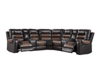 Brown leather sectional sofa in a living room setting with large windows and decor.