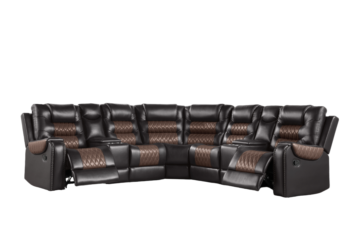 Brown leather sectional sofa in a living room setting with large windows and decor.