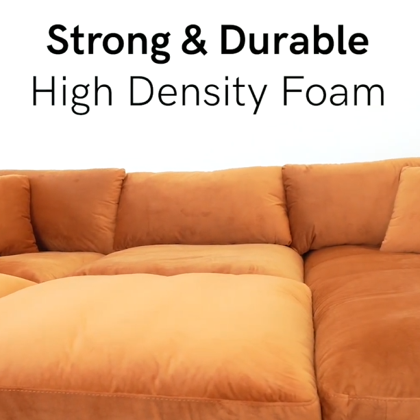 Brown sectional sofa with text 'Strong & Durable High Density Foam' on a white background