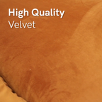 Hand touching high quality orange velvet fabric with 'High Quality Velvet' text.