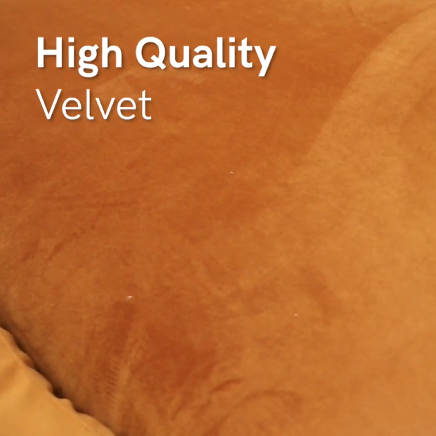 Hand touching high quality orange velvet fabric with 'High Quality Velvet' text.