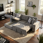 Gray sectional sofa with storage drawers in a living room setting.