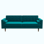 A modern two-seater sofa in a rich teal green velvet fabric, featuring tufted backrests, cylindrical armrests, and tapered dark wood legs, shown against a plain white background.