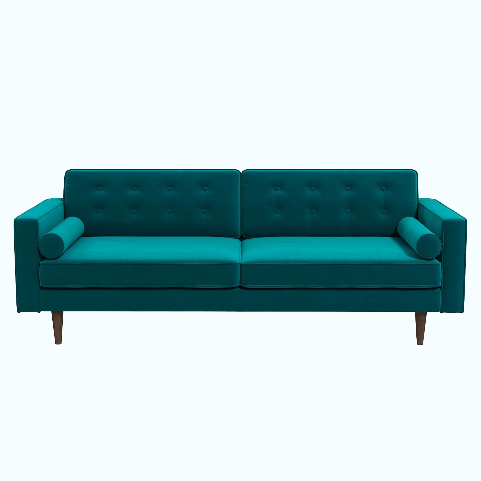 A modern two-seater sofa in a rich teal green velvet fabric, featuring tufted backrests, cylindrical armrests, and tapered dark wood legs, shown against a plain white background.