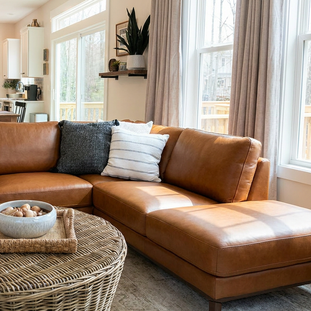 Brown leather sectional sofa in a living room with cushions and a wicker coffee table.