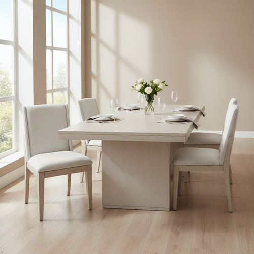 Beige dining room set in a minimal modern dining area with dining elements on the table top 
