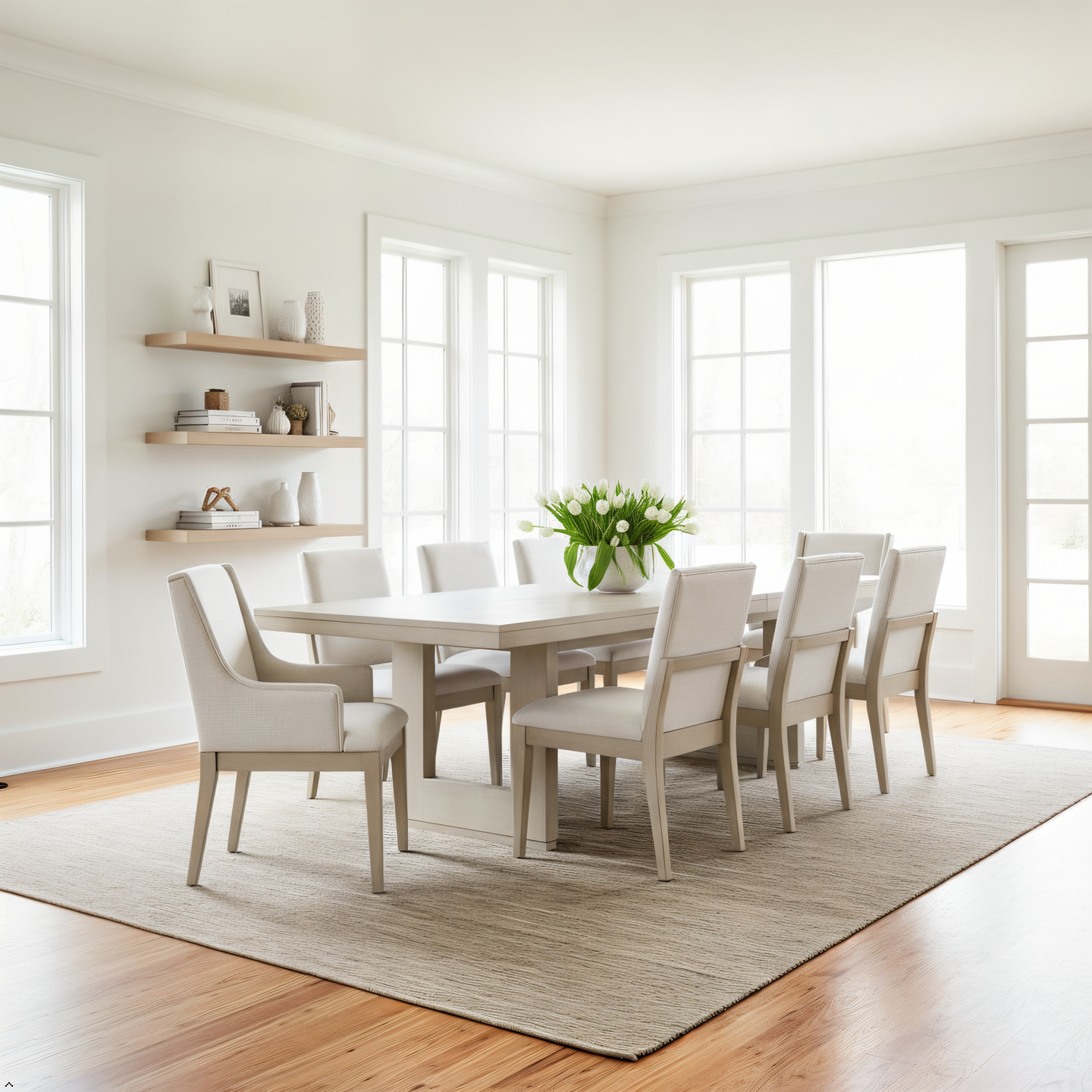 Dining room with a white table and chairs in a bright room with large windows.