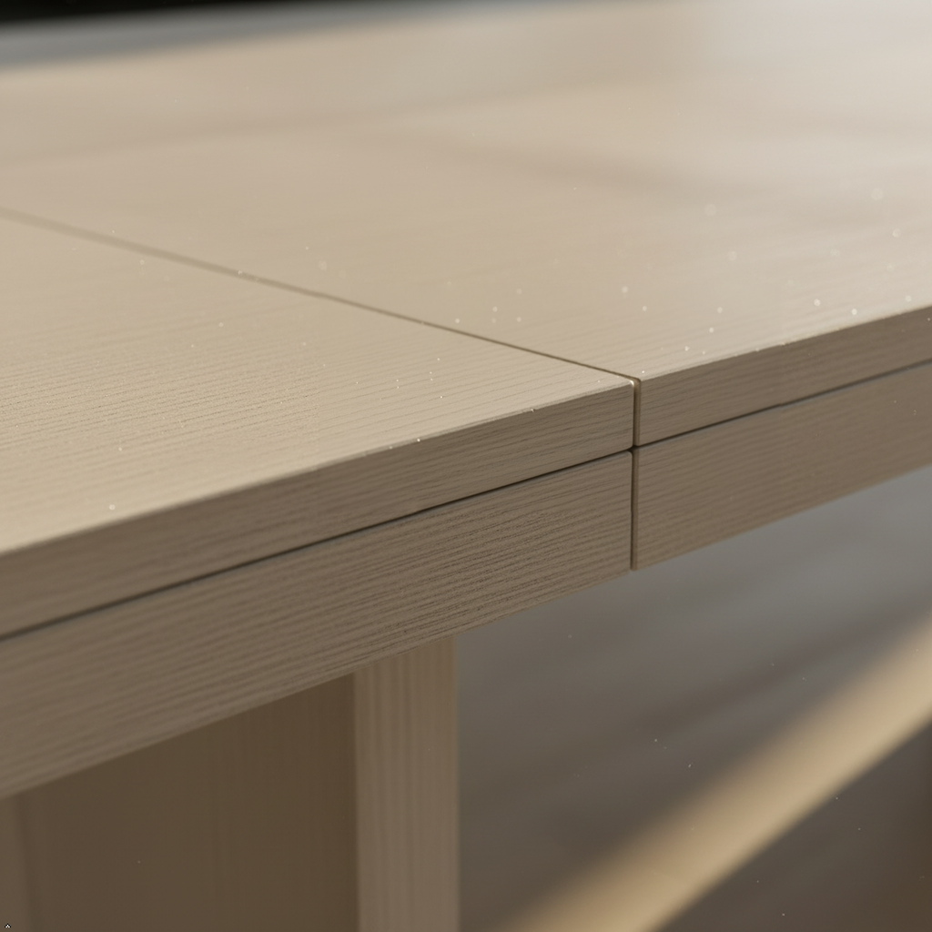 Close-up of a wooden table with a focus on the edge and grain details.