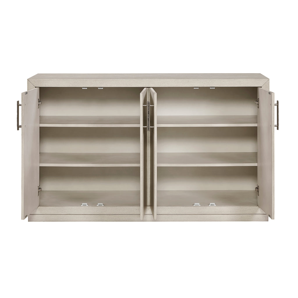 Beige storage cabinet with open doors on a white background