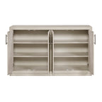 Beige storage cabinet with open doors on a white background