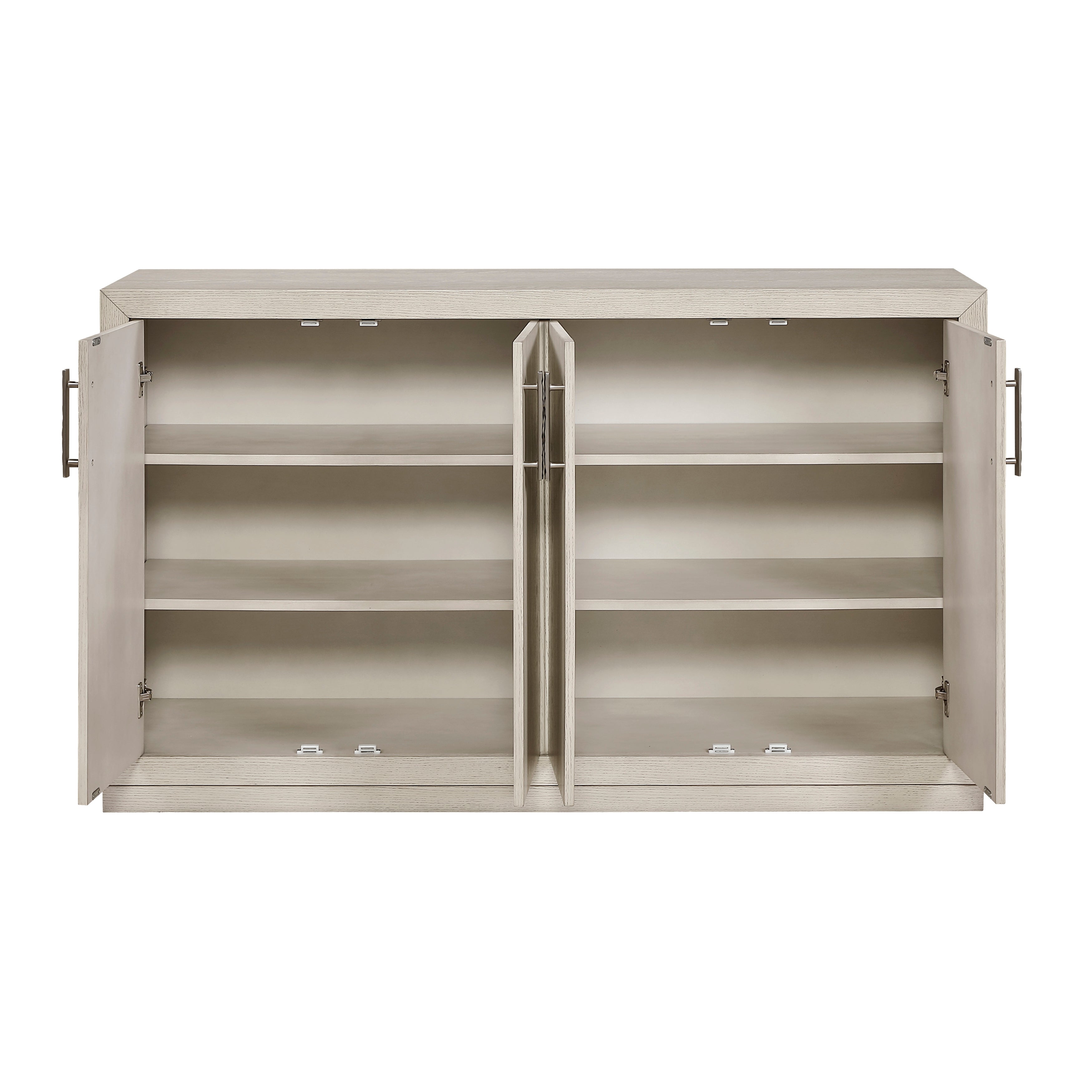 Beige storage cabinet with open doors on a white background