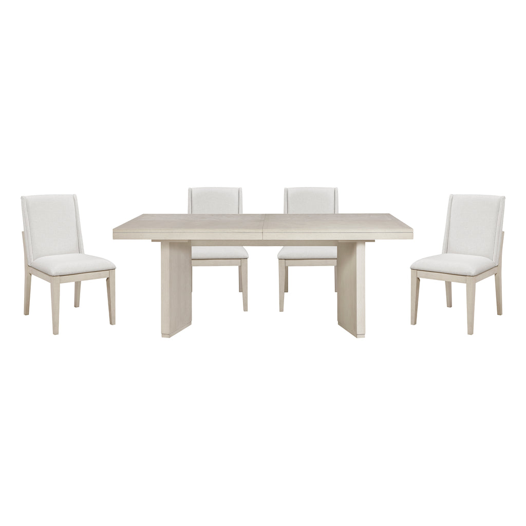 Dining table set with four chairs on a white background