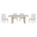 Dining table set with four chairs on a white background
