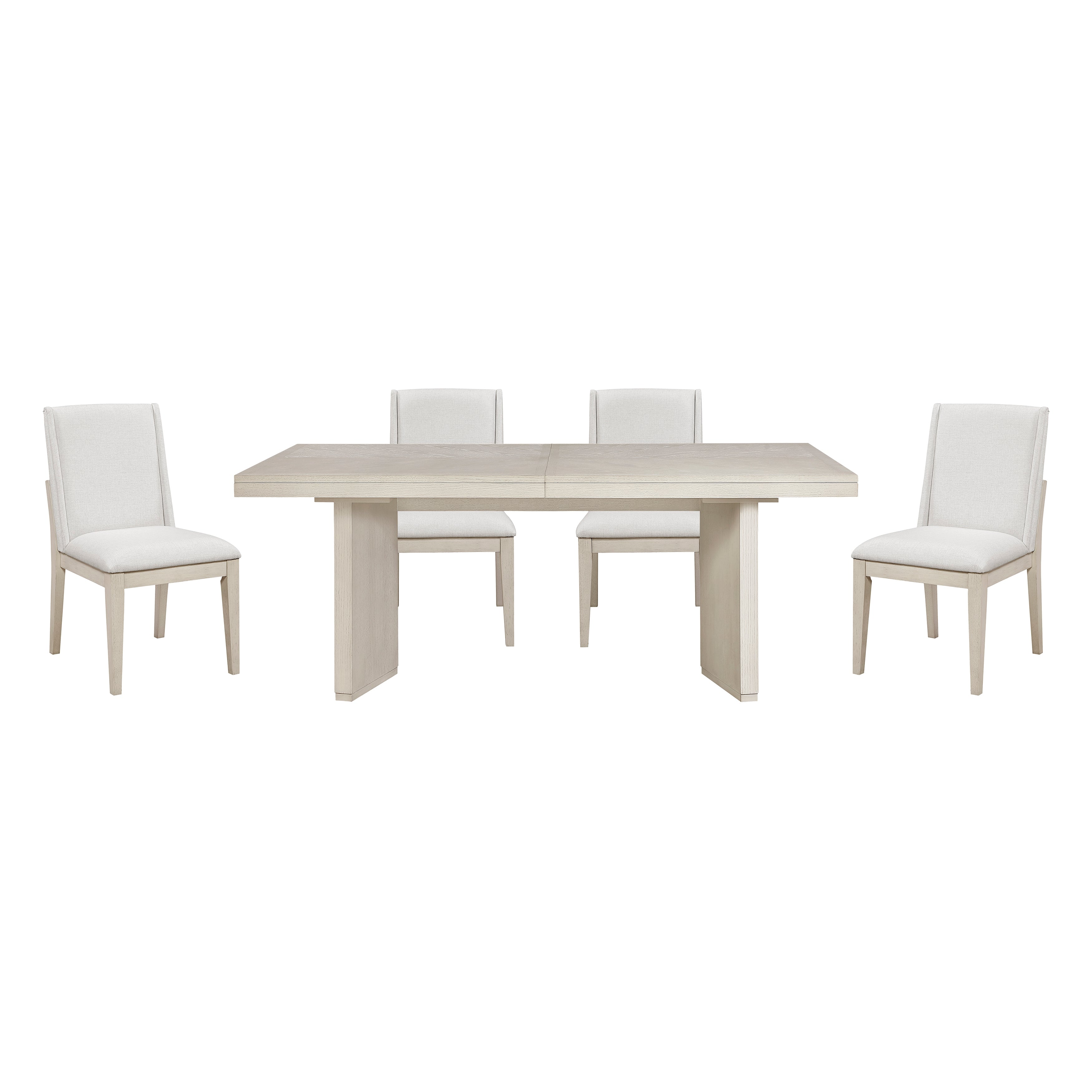 Dining table set with four chairs on a white background